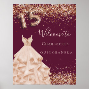 Affiche Quinceanera bordeaux rose parties scintillant d'or