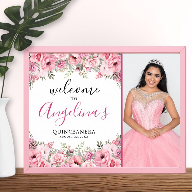 Affiche Quinceanera Elegant Pink Floral Photo Welcome Sign (Quinceanera Elegant Pink Floral Photo Welcome Sign)