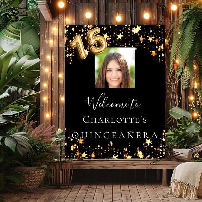 Affiche Quinceanera étoiles d'or noir (Créateur téléchargé)