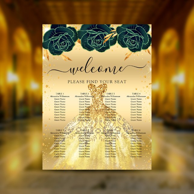 Affiche Quinceanera fleurs de robe d'or vert (Créateur téléchargé)