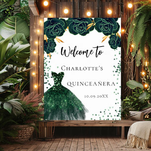 Affiche Quinceanera fleurs de robe verte bienvenue