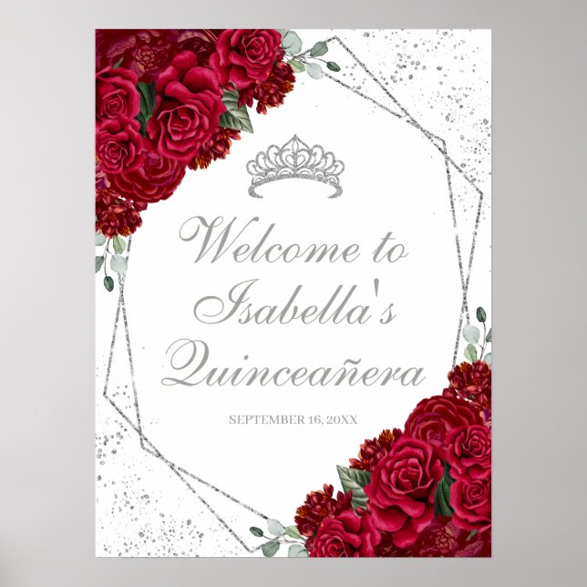 Affiche Quinceanera Florale Rouge et Argent Bienvenue (Devant)