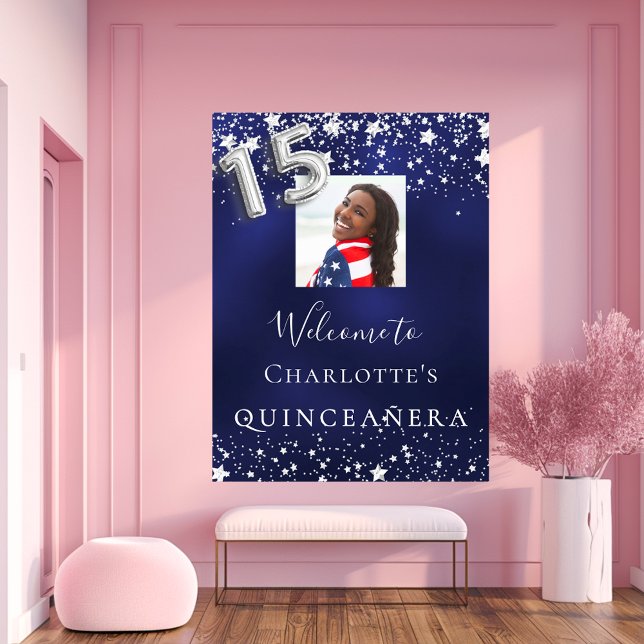 Affiche Quinceanera marine bleu argent étoiles photo bienv (Créateur téléchargé)
