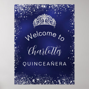 Affiche Quinceanera marine bleu argent parties scintillant