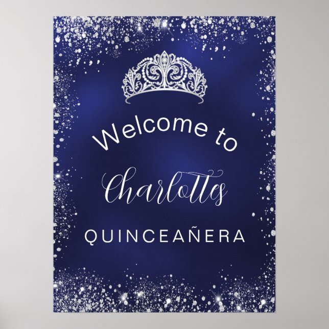 Affiche Quinceanera marine bleu argent parties scintillant (Devant)