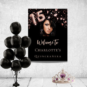 Affiche Quinceanera noir rose or photo étoiles bienvenue