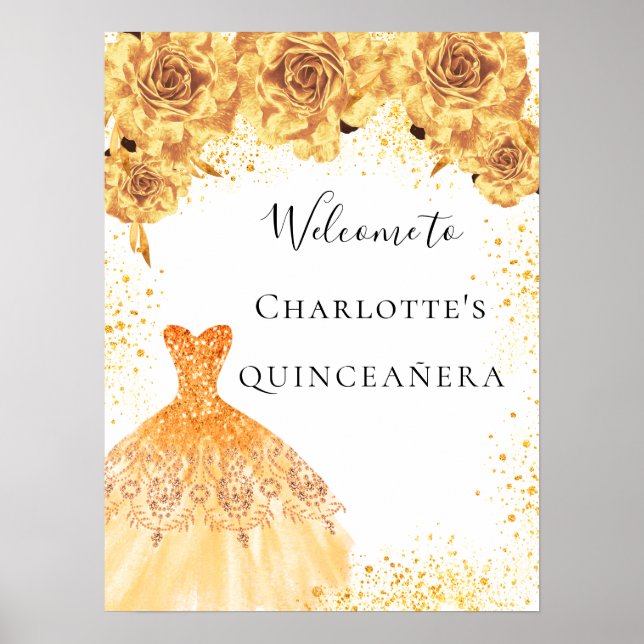 Affiche Quinceanera or blanc robe florales fête bienvenue (Devant)