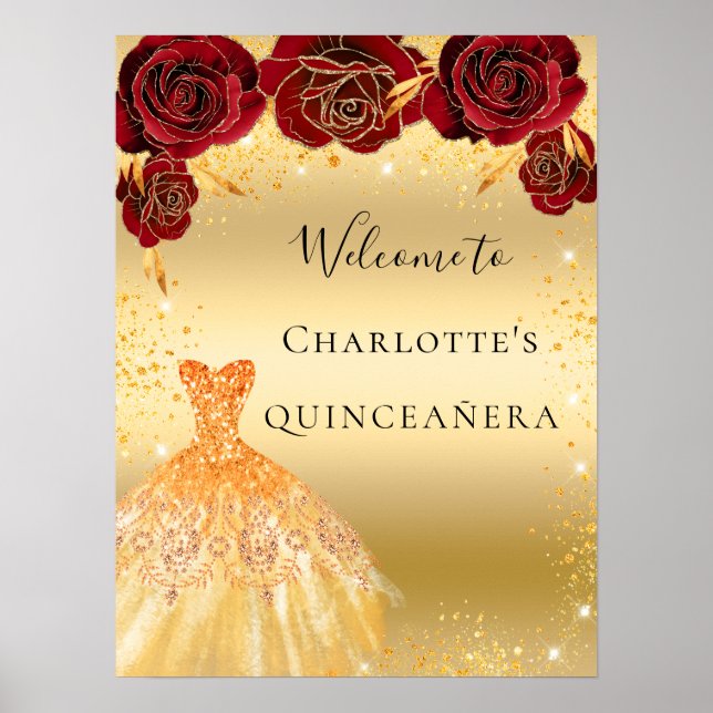 Affiche Quinceanera or rouge parties scintillant robe flor (Devant)