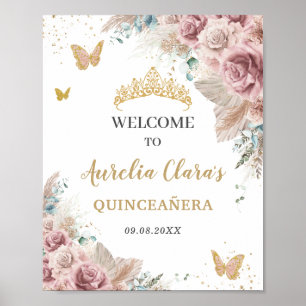 Affiche Quinceañera Pampas Papillons Floraux Grass Blush