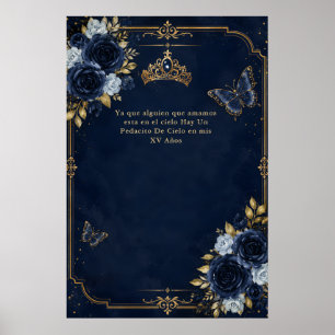 Affiche Quinceañera papillon floral or et bleu marine