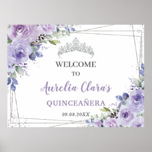 Affiche Quinceañera Purple Lilac Floral Papillons Argent