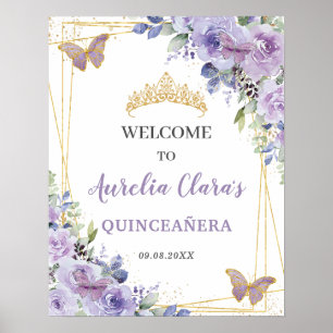 Affiche Quinceañera Purple Lilac Floral Papillons Or