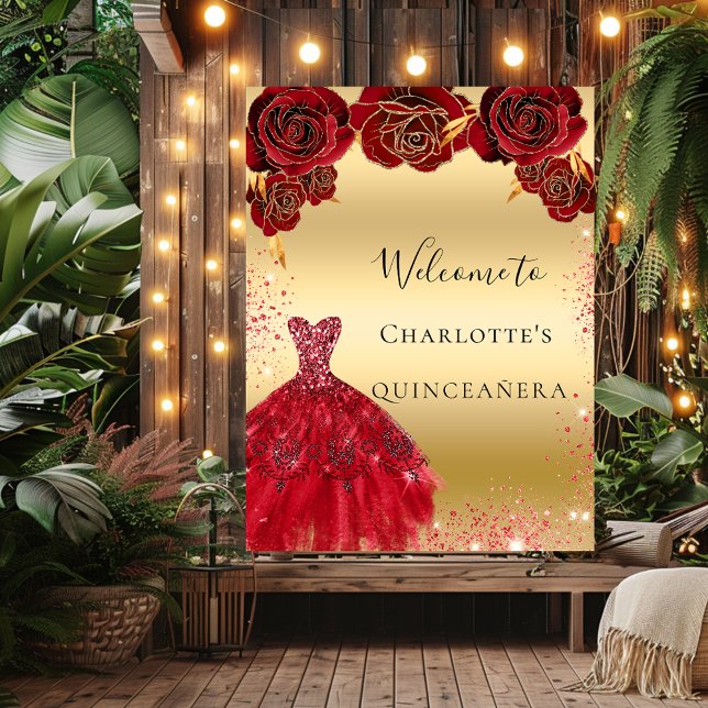 Affiche Quinceanera red gold dress floral welcome (Créateur téléchargé)