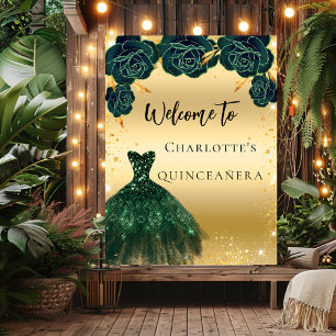 Affiche Quinceanera robe or verte fleurs bienvenue