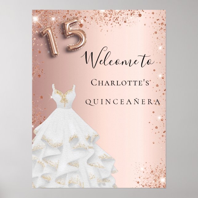 Affiche Quinceanera rose or parties scintillant robe blanc (Devant)