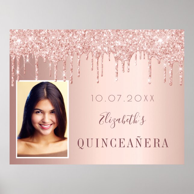Affiche Quinceanera rose parties scintillant or gouttes ph (Devant)