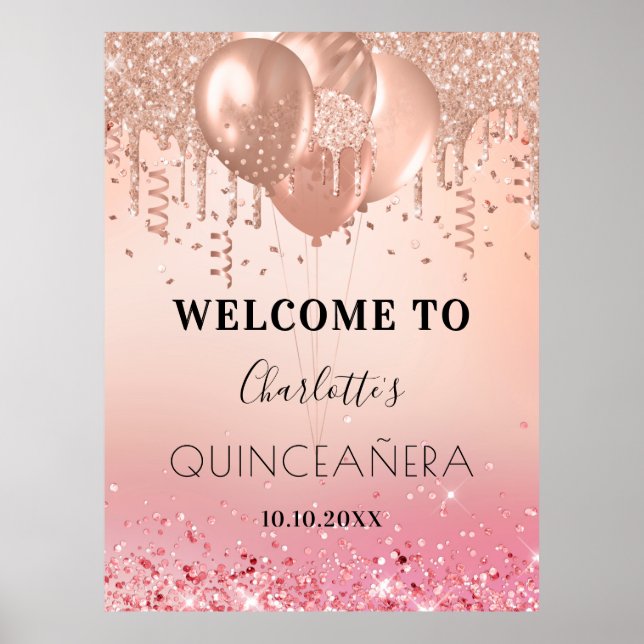 Affiche Quinceanera rose rose rose or rose parties scintil (Devant)