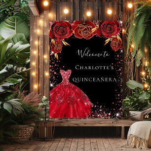 Affiche Quinceanera rouge noir fleurs de robe bienvenue