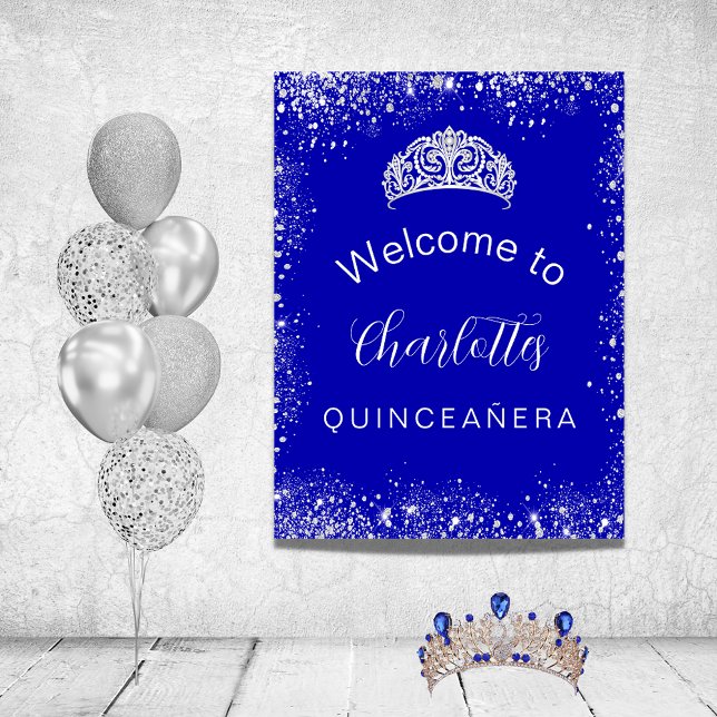 Affiche Quinceanera royal bleu argent parties scintillant  (Créateur téléchargé)