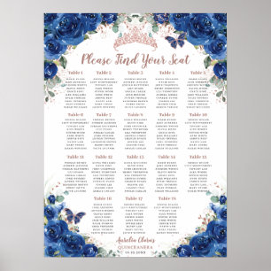 Affiche Quinceañera Royal Blue Floral Rose Gold Siège
