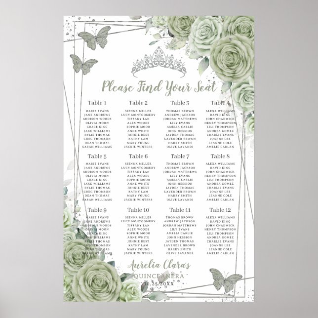 Affiche Quinceañera Vert Sauge Floral Plan de Table Argent (Devant)
