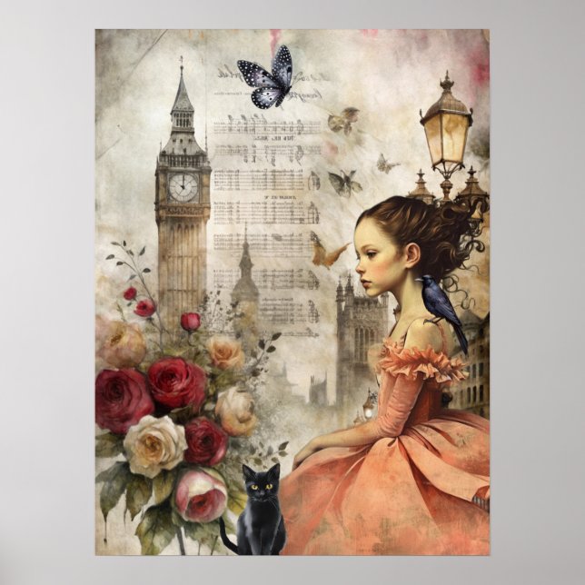 Affiche Quirky Victorian Gothic Girl & Florals Londres (Devant)