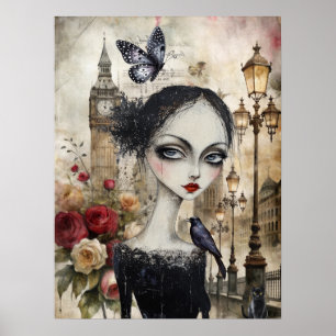 Affiche Quirky Victorian Gothic Girl & Florals Londres