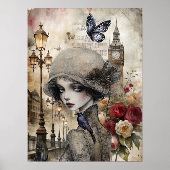 Affiche Quirky Victorian Gothic Girl & Florals Londres (Devant)