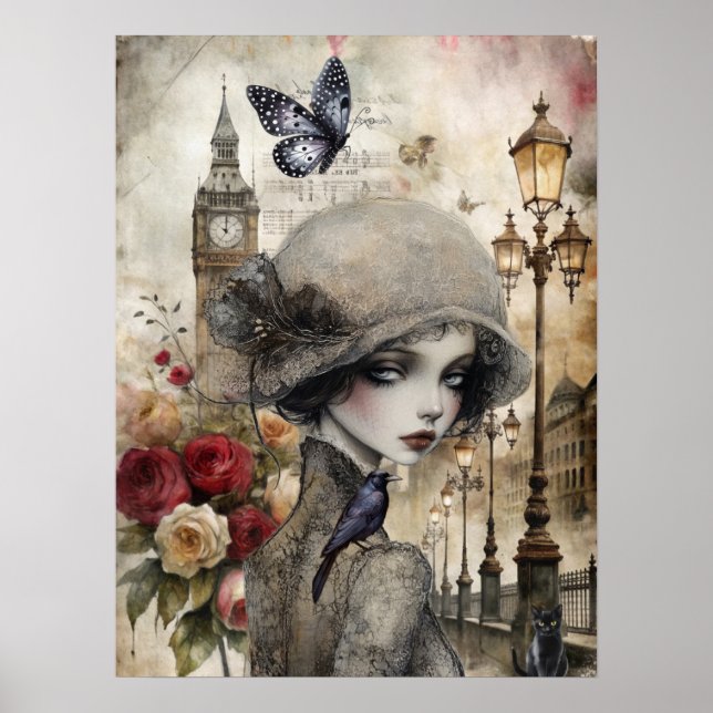 Affiche Quirky Victorian Gothic Girl & Florals Londres (Devant)