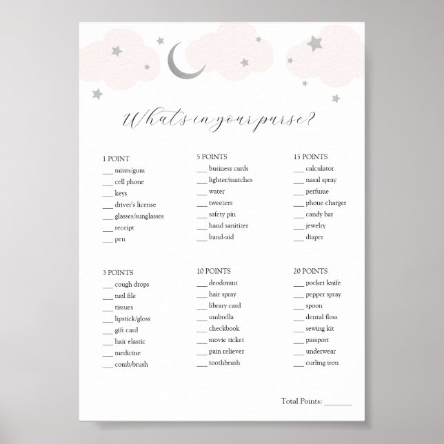 Affiche Qu'y a-t-il dans votre jeu de Baby shower à sac (Devant)