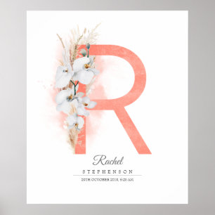Affiche R Lettre Monogramme Orchidées blanches et laiton d