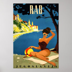 Affiche Rab, île, Yougoslavie, femme en bikini sur la plag