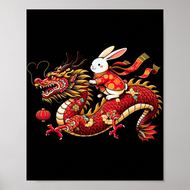 Affiche Rabbit Ride Chinese Dragon Funny Mens Womens Happy (Devant)