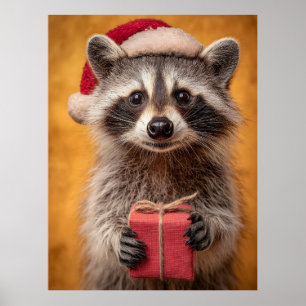 Affiche Raccoon adorable dans un chapeau de Père Noël teni