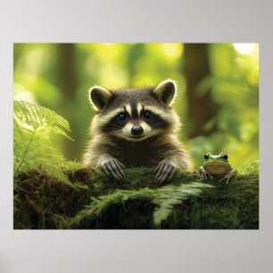 Affiche Raccoon adorable et grenouille à la recherche de M