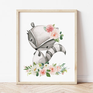 Affiche Raccoon, Animaux Boisés, Boho, Fleurs Roses