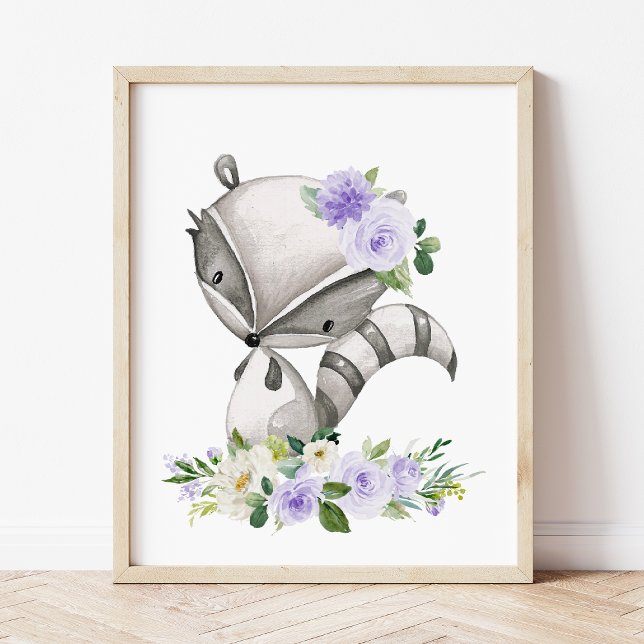 Affiche Raccoon, Animaux De Bois, Boho, Fleurs Violettes (Créateur téléchargé)