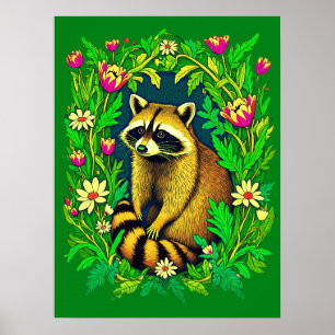 Affiche Raccoon au milieu du jardin Fleur sauvage