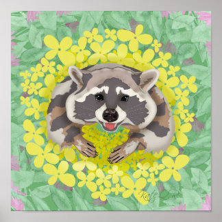Affiche Raccoon aux fleurs jaunes