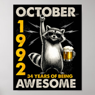 Affiche Raccoon Beer 34e anniversaire octobre 1992 Vintage