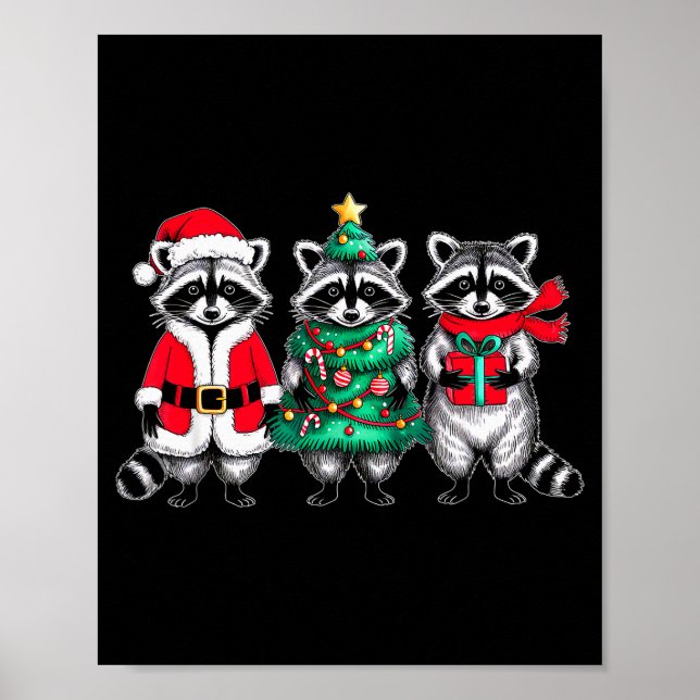 Affiche Raccoon Christmas Tree Light Santa Hat Xmas Family (Devant)
