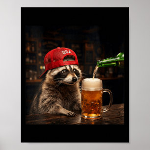 Affiche Raccoon drôle buvant de la bière patriotique 4 jui