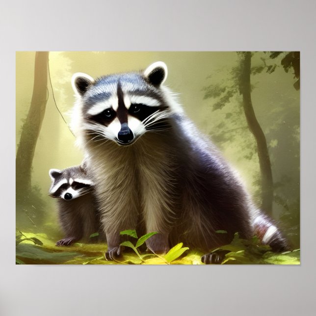 Affiche Raccoon Family Wildlife Portrait (Devant)