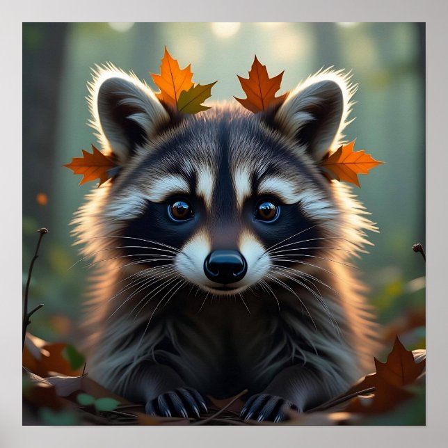 Affiche Raccoon mignon dans les feuilles d'automne (Devant)