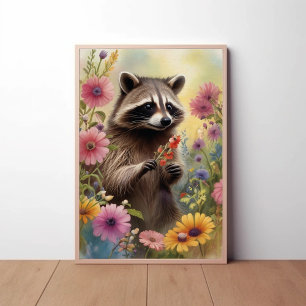 Affiche Raccoon Whimsical et art naturel Fleur sauvage