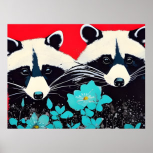 Affiche Raccoons Adorables Avec Fleurs Bleues