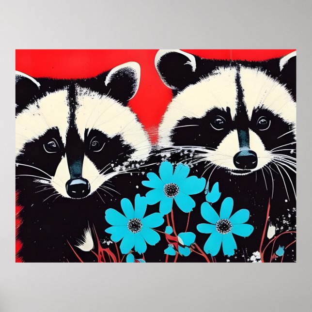 Affiche Raccoons Adorables Avec Fleurs Bleues Arrière - pl (Devant)