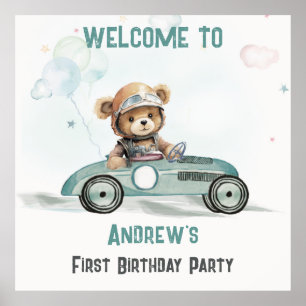Affiche Race Car Bébé Ours Anniversaire Panneau de bienven