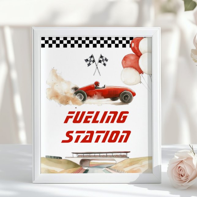 Affiche Race Car Red Fueling Station Boissons d'anniversai (Créateur téléchargé)