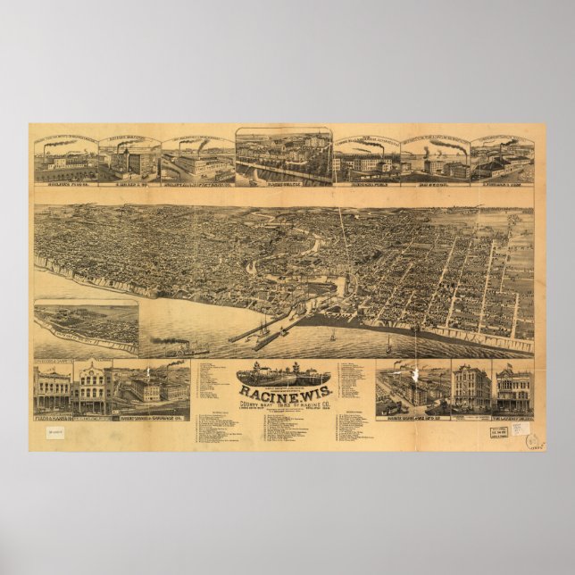 Affiche Racine WI 1883 Antique Panoramic Map (Devant)